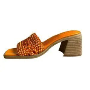 Marc Fisher Jaxxon Square Toe Woven Strap Heeled Slide Sandals in Orange Coquett